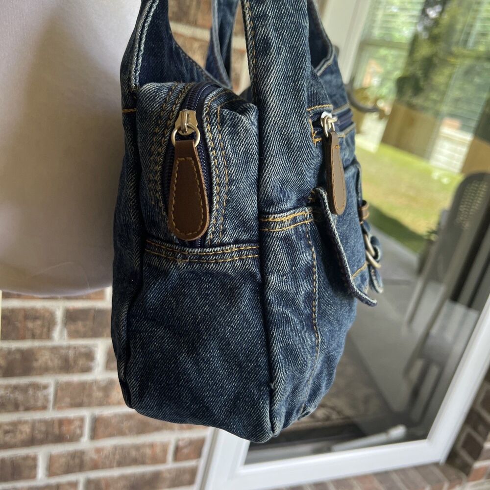 Vintage Y2K Blue Jean Shoulder Purse Lots Of Pockets 11” X 4” X 8” Hippie Boho - Picture 4 of 11